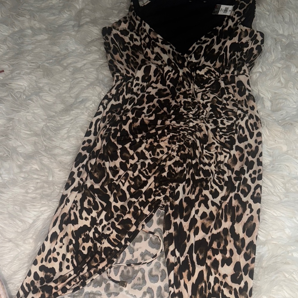 Bebe Asymmetrical Slip Dress Brown Black V-neck